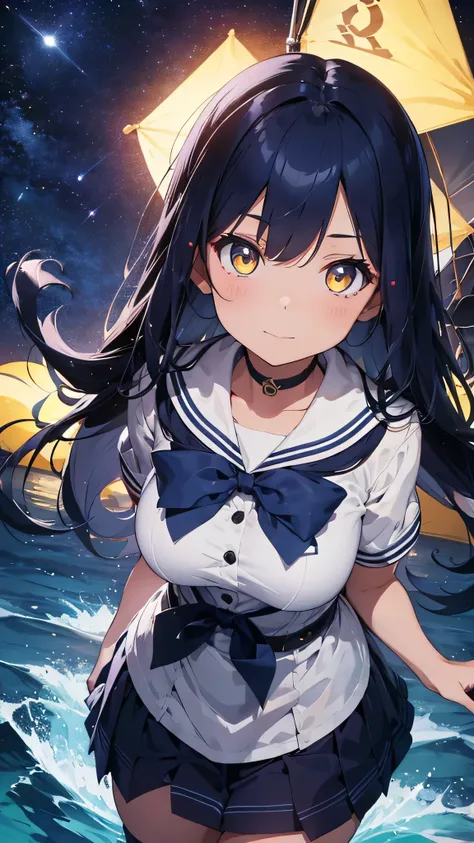 Create an enchanting and mysterious Sailor uniform girl with navy blue hair and yellow eyes looking up.