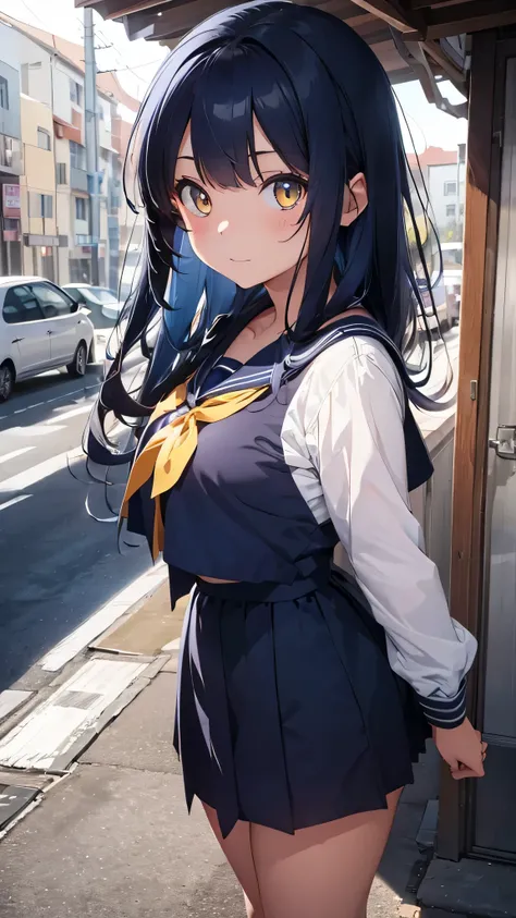 Create an enchanting and mysterious Sailor uniform girl with navy blue hair and yellow eyes looking up.