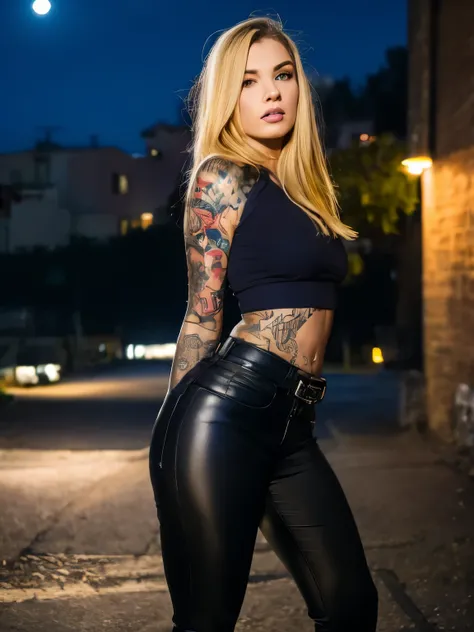 Best quality,work of art,Ultra high resolution,(Realisticity:1.4),original photo,cinematic lighting, 1 girl, (((Ukrainian, blonde,))) Alone, metalhead style, at night under the moonlight, wearing ripped black pants, black clothes, Gothic style, hot body fi...