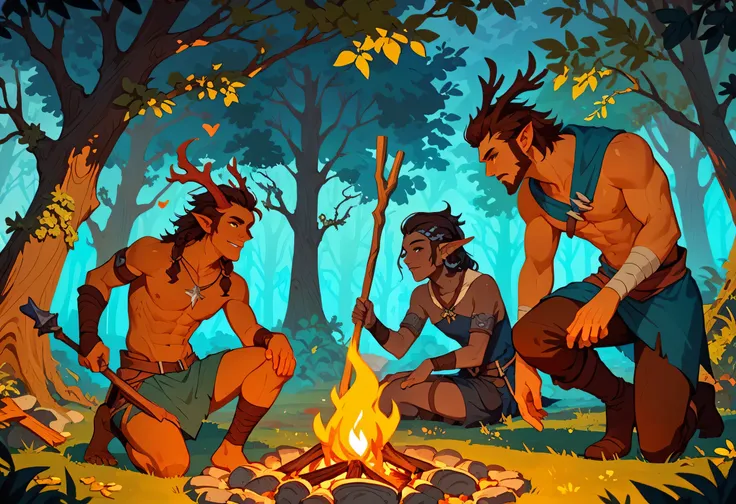 score_9, score_8_up, score_7_up digital  illustration of a group of battle adventurers around a campfire tired and weary, dark f...