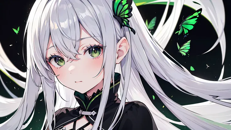 ((highest quality)),(debris flies, ultra high resolution),1 girl, beautiful and detailed face, fine eyes,((gray hair)),(((Black and Green theme))),((whole body)),perfect eyes、no background,white background,long dress,echidna,butterfly々hair accessory