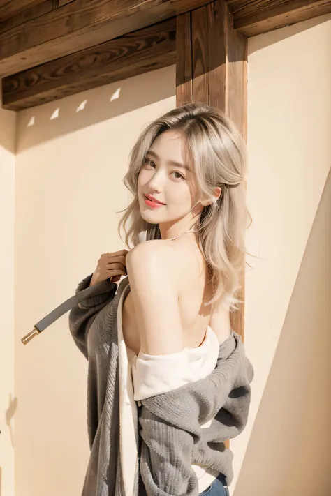 Highest image quality、Live shooting、ultra high resolution、21 year old Korean、small breasts、dynamic angle、cowboy shot、the most beautiful form chaos、elegant、brutalist design、vivid colors、beautiful white hair、short bob、smile、smile、shiny white skin、Beautiful e...