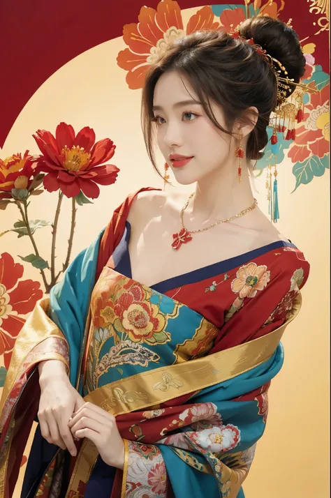 (masterpiece, top quality, best quality, official art, beautiful and aesthetic:1.2), ((1girl,solo)), extremely detailed,(fractal art:1.1),(colorful:1.1)(red flowers:1.3),highest detailed,(zentangle:1.2),(slim,thin),(happy,smile), (dynamic pose), (abstract ...