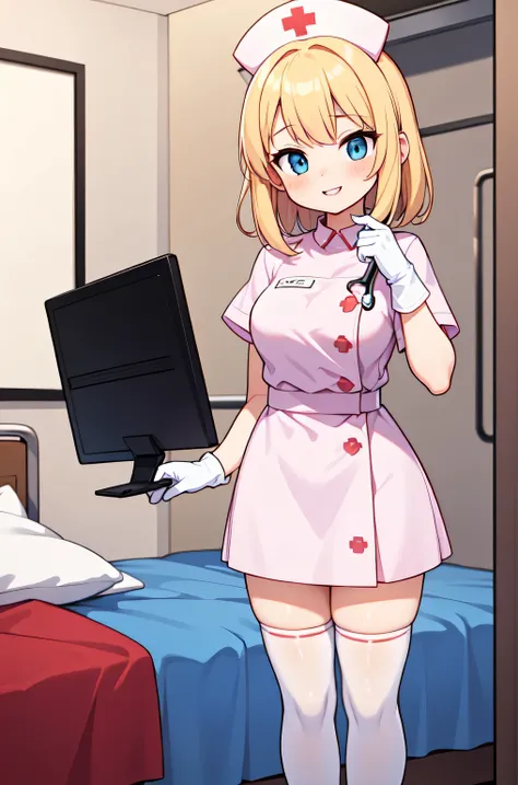 1woman, solo, nurse, white nurse cap, white nurse uniform, ((white legwear, zettai ryouiki)), white gloves, blonde hair, blue eyes, pink lips, smile, standing, ((hospital room)), sharp outline, short sleeves, mature female, 35 years old, best quality, mast...