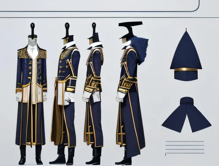 A boy wizard clothe design on a mannequin. The theme is a russian style wizard uniform, the color is a navy blue with some gold strips it consists of a under shirt, a robe, pants, and a hat. Standing straight and lookung forward. The under shirt is white, ...