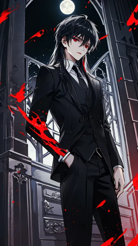 (best quality), masterpiece,Ultra Detailed,1man，Masculinity，a black-haired，Long hair，Red Eyes，vampire，Gorgeous dark atmosphere, Wear a black suit，Late Night, moon