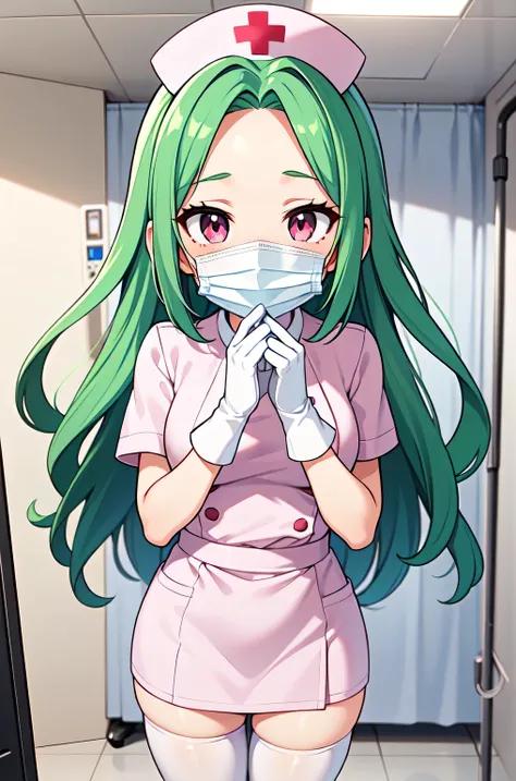 1woman, solo, nurse, white nurse cap, white nurse uniform, ((white legwear, zettai ryouiki)), white gloves, forehead, long hair, green hair, pink eyes, ((white surgical mask, covered nose)), standing, ((hospital room)), sharp outline, short sleeves, mature...