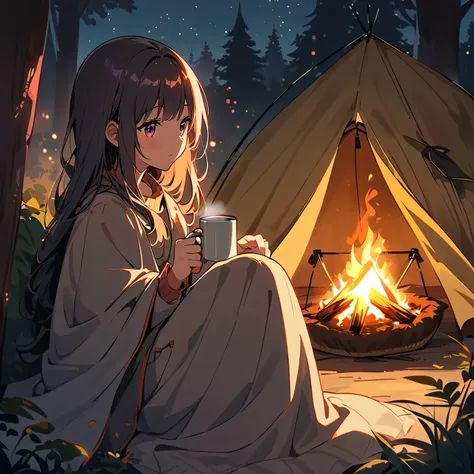 outdoor，night，girl sitting by the campfire，Beautiful eyes and face，tent，Comfortable atmosphere，Warm Lights，A night sky full of stars，Crackling Fire，The background is a forest，natural scenery，peaceful，smoke rising from a fire，Relax，Comfortable camping chair...