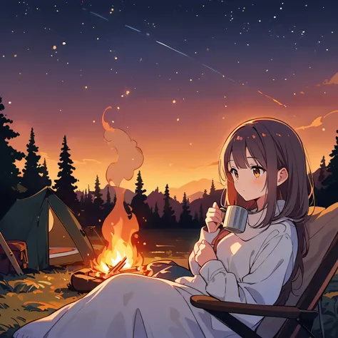 outdoor，night，girl sitting by the campfire，Beautiful eyes and face，tent，Comfortable atmosphere，Warm Lights，A night sky full of stars，Crackling Fire，The background is a forest，natural scenery，peaceful，smoke rising from a fire，Relax，Comfortable camping chair...