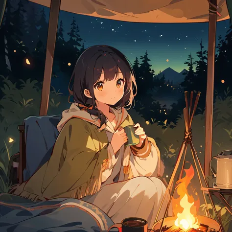 outdoor，night，girl sitting by the campfire，Beautiful eyes and face，tent，Comfortable atmosphere，Warm Lights，A night sky full of stars，Crackling Fire，The background is a forest，natural scenery，peaceful，smoke rising from a fire，Relax，Comfortable camping chair...