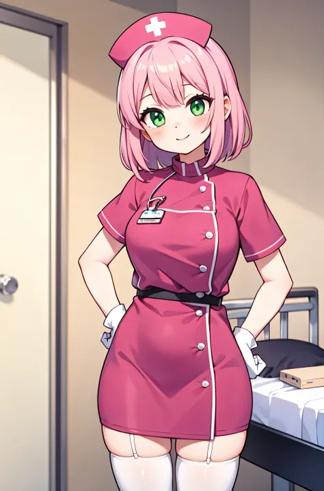 1woman, solo, nurse, white nurse cap, white nurse uniform, ((white legwear, zettai ryouiki)), white gloves, pink hair, green eye...