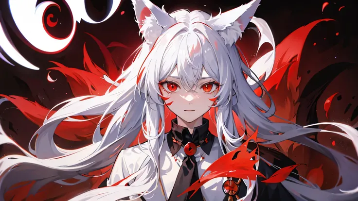 1 guy with long white hair, red eyes, 9 tails of fox ears