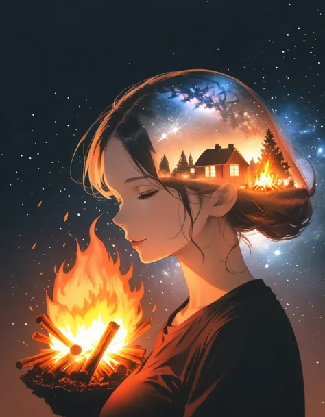 (blazing bonfire:1.5),starry sky,double exposure