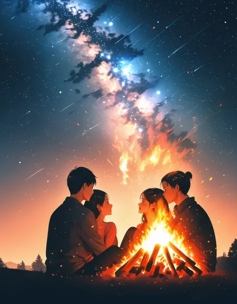 (Blazing bonfire:1.5),Starry Sky,Couple in love,double exposure,,