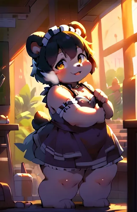 Black Bear Boy，male，black ears，Eye，Black，individual，obesity，Shorty，Fat Face，Short legs，Short limbs，Maid costume、Get dressed，cute，Smile，blush，Cafe，daytime