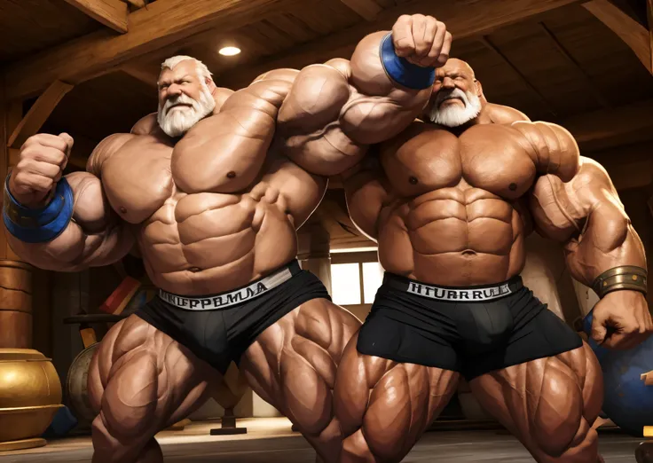 Wide medium shots, ground level camera shot, ,((hyper muscular)) old man fighting in rumble arena, black underpants , hyper muscle, hyper pectoral, hyper bicep, hyper arms, bulge, white and short hair, super thick arms, super big pectoral, super wide pecto...