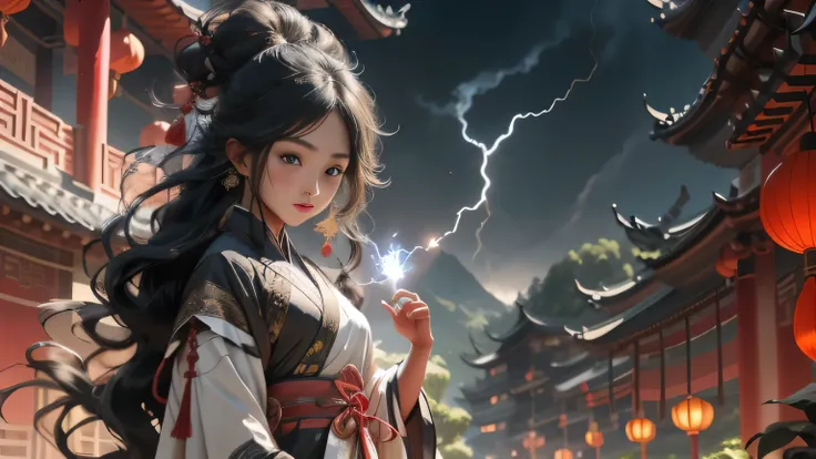 A girl，Black long hair，Hanfu，Chinese Architecture，Raise your left hand，There is an electric current around the left hand，Look to the left，magic，lightning