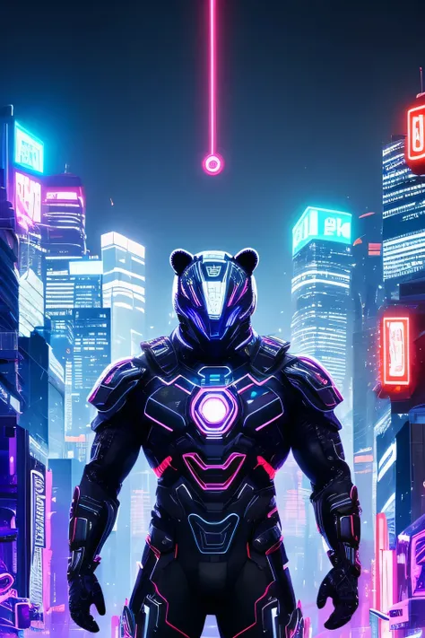 In the neon-lit streets of a cyberpunk metropolis, our futuristic grey bear strides confidently through the bustling crowds, a vision of raw power and technological prowess. His sleek, metallic fur gleams in the flickering lights of the city, reflecting th...