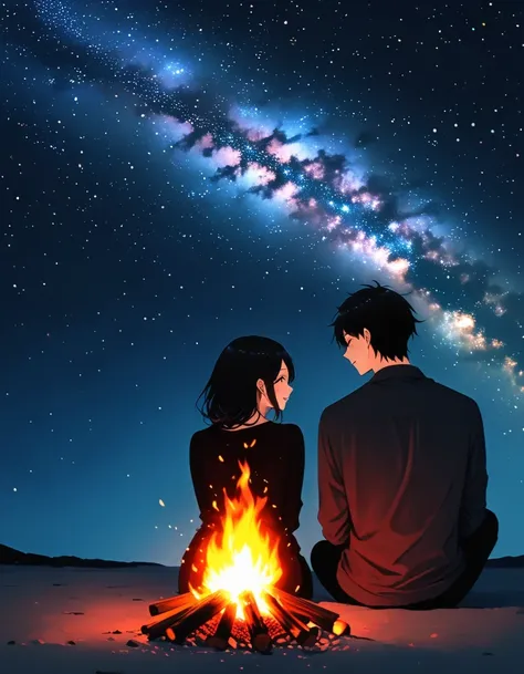 bonfire,back view of couple in love,starry sky,