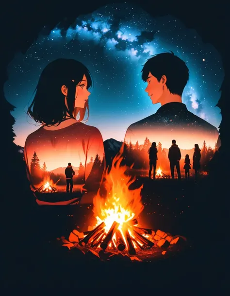 bonfire,Back view of couple in love,  double exposure,Starry Sky,