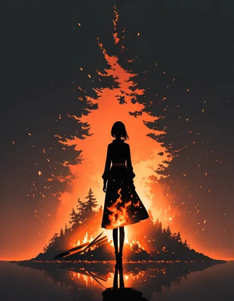 bonfire，Beautiful dancer&#39;s slender shadow on the ground，double exposure，Solitary，bonfire