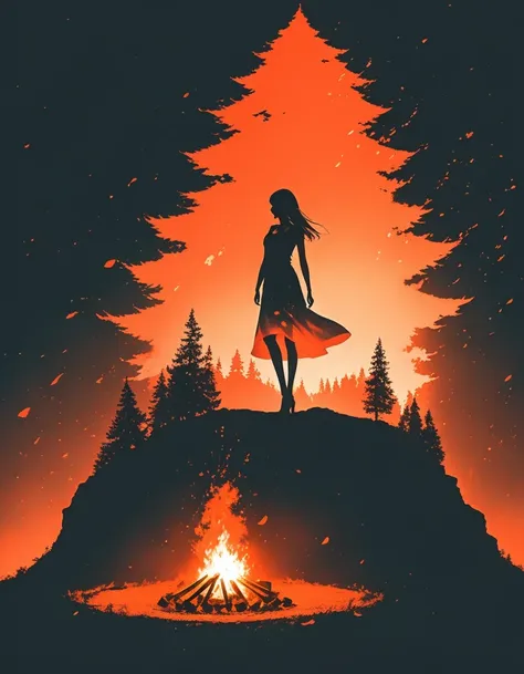 bonfire，Beautiful dancer&#39;s slender shadow on the ground，double exposure，Solitary，bonfire