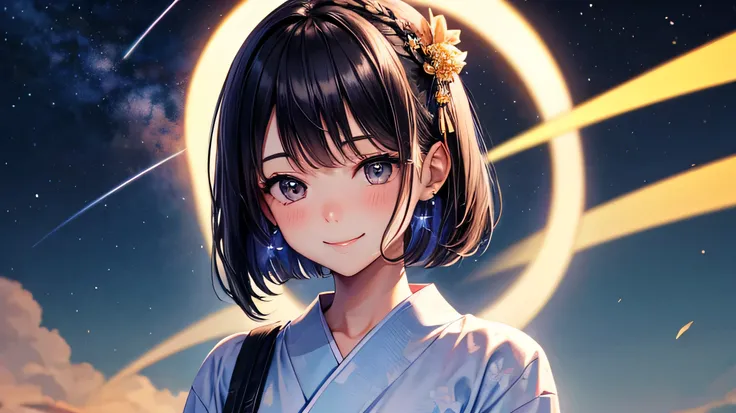 18-year-old　girl　one person　looking at the camera　Short Bob　Cute hair accessories　yukata　A big smile　Depicting the upper body　Perfect facial expression　Perfect hair description　Perfect finger depiction　night　Starry Sky