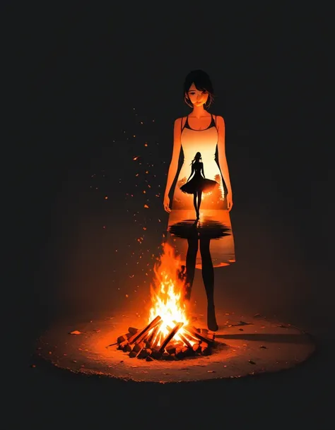 bonfire，Beautiful dancer&#39;s slender shadow on the ground，double exposure，Solitary，bonfire