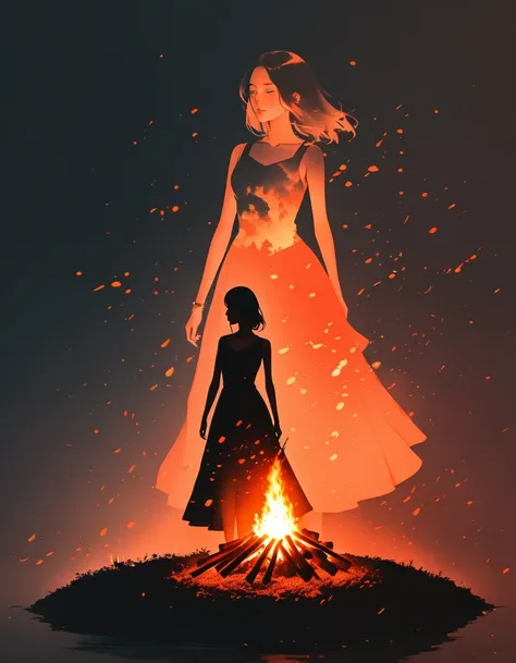 bonfire，Beautiful dancer&#39;s slender shadow on the ground，double exposure，Solitary，bonfire