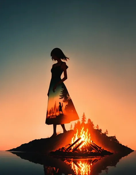 bonfire，Beautiful dancer&#39;s slender shadow on the ground，double exposure，Solitary，bonfire