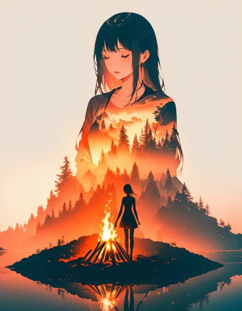 bonfire，Beautiful dancer&#39;s slender shadow on the ground，double exposure，Solitary，bonfire