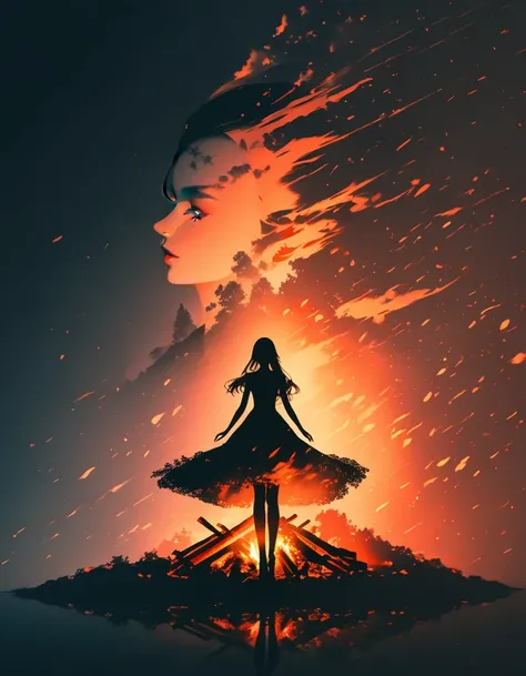 bonfire，Beautiful dancer&#39;s slender shadow on the ground，double exposure，Solitary，bonfire