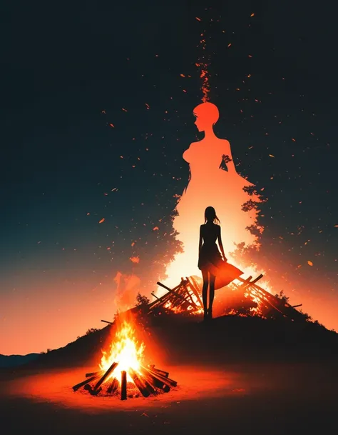 bonfire，Beautiful dancer&#39;s slender shadow on the ground，double exposure，Solitary，bonfire