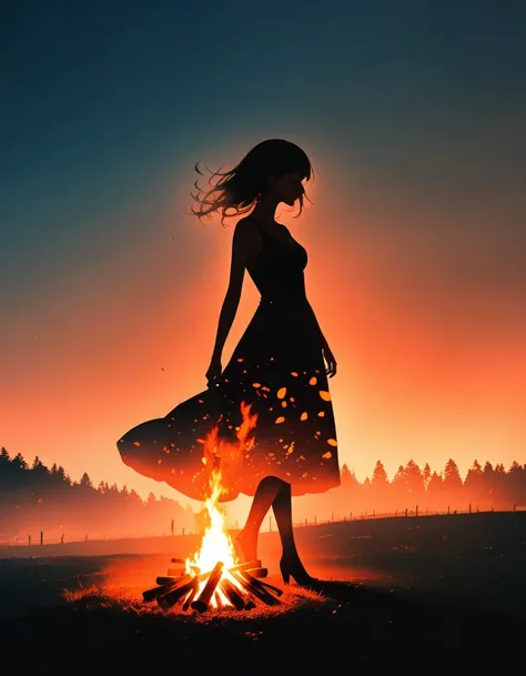 bonfire，Beautiful dancer&#39;s slender shadow on the ground，double exposure，Solitary，bonfire