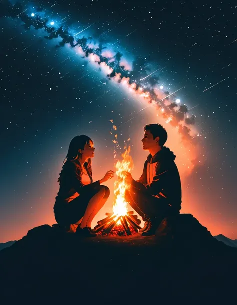 bonfire,Couple,  double exposure,Starry Sky,