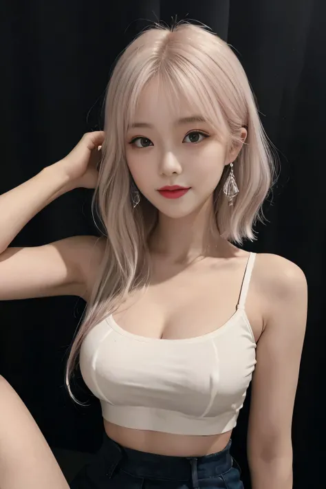 Highest image quality、Live shooting、ultra high resolution、21 year old Korean、small breasts、dynamic angle、cowboy shot、the most beautiful form chaos、elegant、brutalist design、vivid colors、beautiful white hair、short bob、smile、smile、shiny white skin、Beautiful e...