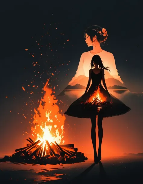 bonfire，Beautiful dancer&#39;s slender shadow on the ground，double exposure，Solitary，bonfire