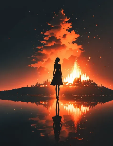 bonfire，Beautiful dancer&#39;s slender shadow on the ground，double exposure，Solitary，bonfire