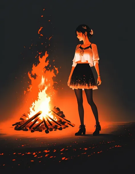 bonfire，Beautiful dancer&#39;s slender shadow on the ground，double exposure，Solitary，bonfire