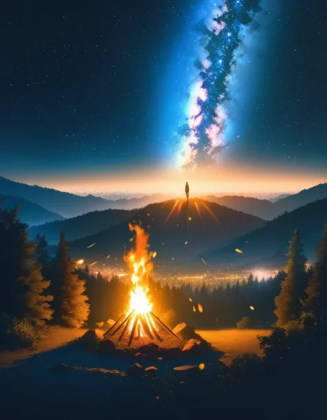 landscape, summer, night, forest, bonfire, double exposure,Starry Sky, High definition details, Ultra Detailed, Movie, Surrealism, Soft Light, deep focus bokeh, Ray Tracing, Surrealism. , Art Station Pixiv Gees, author：Xin Haicheng, Art sprouts