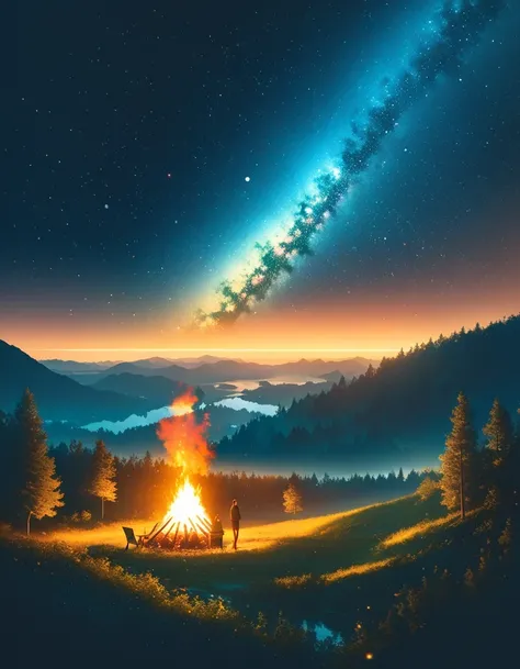 landscape, summer, night, forest, bonfire, double exposure,Starry Sky, High definition details, Ultra Detailed, Movie, Surrealism, Soft Light, deep focus bokeh, Ray Tracing, Surrealism. , Art Station Pixiv Gees, author：Xin Haicheng, Art sprouts