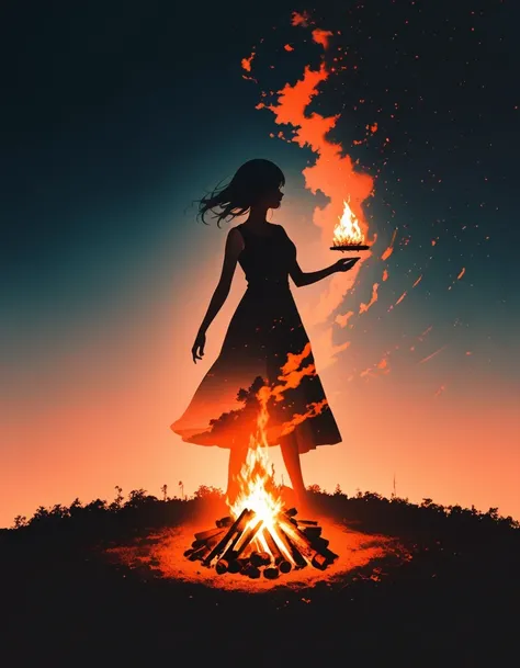 Beautiful dancer&#39;s slender shadow on the ground，double exposure，Solitary，bonfire，bonfire，