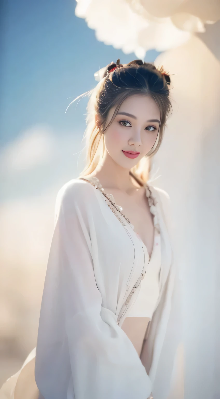 Highest image quality、Live shooting、ultra high resolution、21 year old Korean、small breasts、dynamic angle、cowboy shot、the most beautiful form chaos、elegant、brutalist design、vivid colors、beautiful white hair、short bob、smile、smile、shiny white skin、Beautiful e...