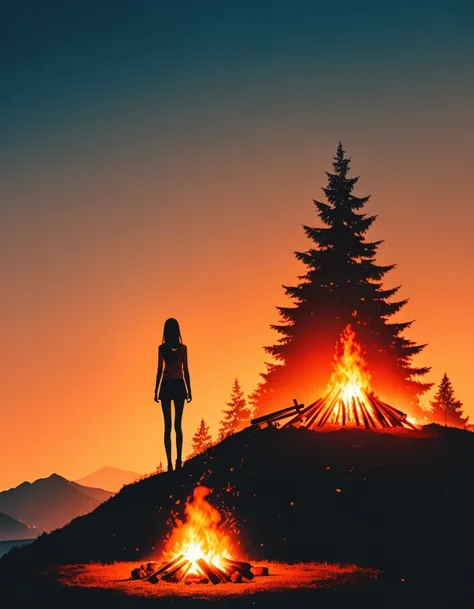 Beautiful dancer&#39;s slender shadow on the ground，double exposure，Solitary，bonfire，bonfire，Persistence and giving up