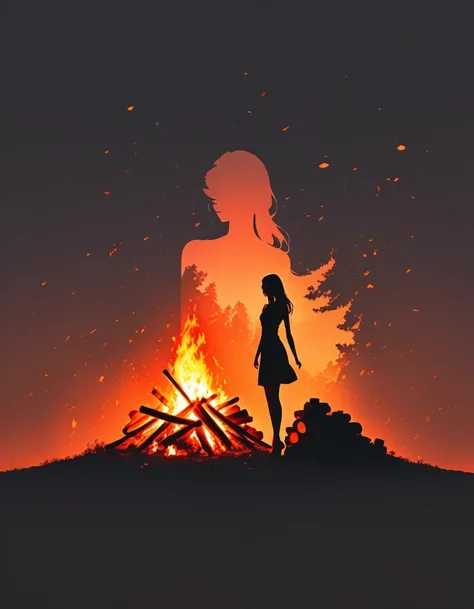 Beautiful dancer&#39;s slender shadow on the ground，double exposure，Solitary，bonfire，bonfire，Persistence and giving up