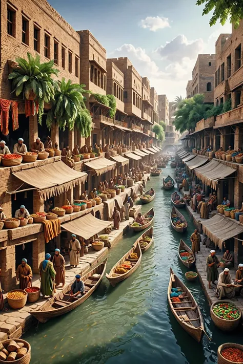 visualize an ancient scene depicting the start of human civilization. the image shows a bustling ancient market in mesopotamia, ...