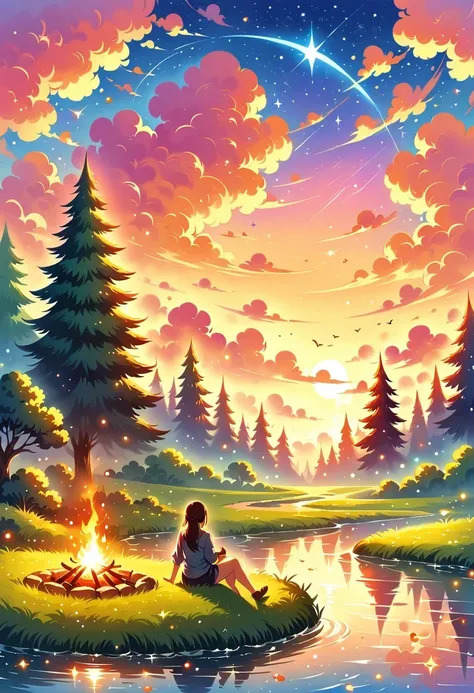 (Best quality, high resolution), Starry sky, Campfire, Crackling flame, Warm glow, Comfortable atmosphere, Enjoying the night, Sparkling stars, Camping ground, Peaceful night, Quiet beauty, Wonders of nature, Vivid colors, Hot ember, Twinkling light, Tranq...