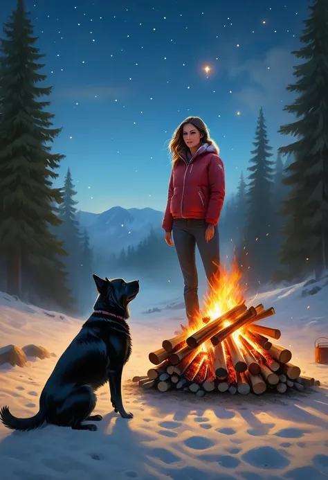 (best quality,highres,masterpiece:1.2),ultra-detailed,realistic,photorealistic:1.37,a bonfire, a girl and a dog,illustration,highres,(realistic,photorealistic),vivid colors,soft lighting