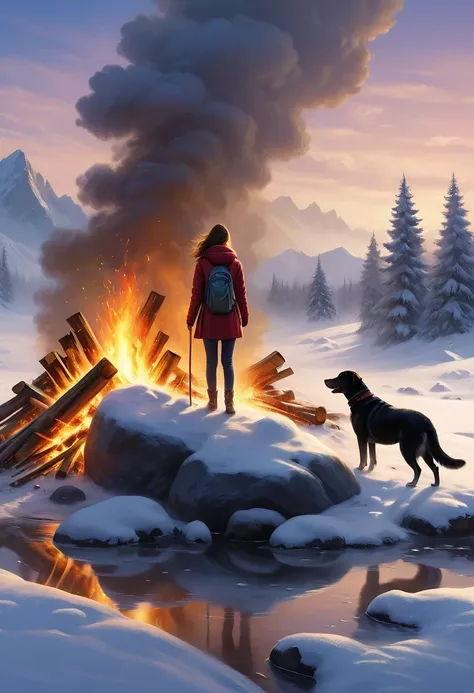 a bonfire, a girl and a dog,illustration,highres,(realistic,photorealistic),vivid colors,soft lighting