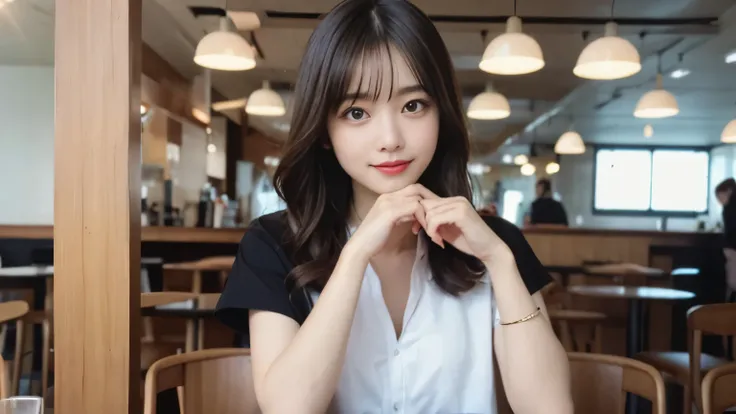 Tabletop, highest quality, figure, Very detailed, Fine details, High resolution, 8k wallpaper, Perfect dynamic composition, Beautiful fine details, women summer,Medium Hair,Natural color lips,smile,Photographed inside the cafe、20-year-old girl、cute、Take a ...